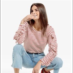 Lucky Red Striped Ruffle Sleeve Top Cream & Red